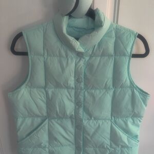 Lands End Goosedown Aqua  Puffer Vest With Matching Ear Warmers SP 6-8